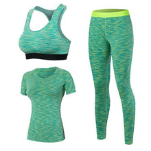Load image into Gallery viewer, Women Yoga 3pcs Brand Sport Tight Short Sleeve Shirt Bra Pants Fitness Leggings Running Gym Sport Suit Sport Top Green Yoga Set