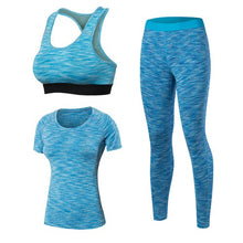Load image into Gallery viewer, Women Yoga 3pcs Brand Sport Tight Short Sleeve Shirt Bra Pants Fitness Leggings Running Gym Sport Suit Sport Top Green Yoga Set