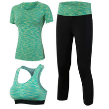 Load image into Gallery viewer, Women Yoga 3pcs Brand Sport Tight Short Sleeve Shirt Bra Pants Fitness Leggings Running Gym Sport Suit Sport Top Green Yoga Set