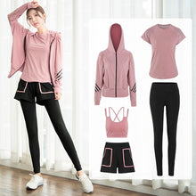 Load image into Gallery viewer, 5 IN 1 Pink Sports Clothing for Women Gym Fitness Yoga Sets Workout Hoodie + Bra + Shorts + Leggings Running Sets Sport Wear