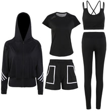 Load image into Gallery viewer, 5 IN 1 Pink Sports Clothing for Women Gym Fitness Yoga Sets Workout Hoodie + Bra + Shorts + Leggings Running Sets Sport Wear