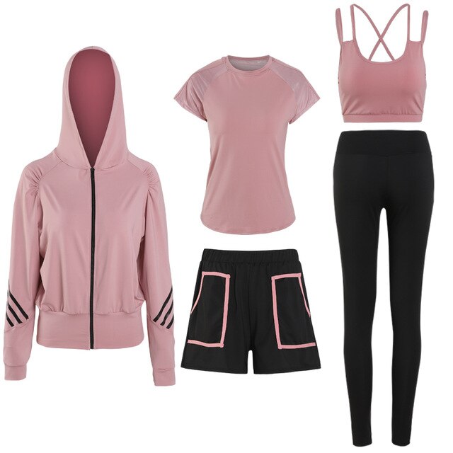 5 IN 1 Pink Sports Clothing for Women Gym Fitness Yoga Sets Workout Hoodie + Bra + Shorts + Leggings Running Sets Sport Wear