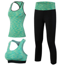 Load image into Gallery viewer, New 3pcs Sport Fitness Suit Women Yoga Sets Sleeveless Shirt Leggings Fitness Gym Running Sport Tights Vest Pants Green Yoga set