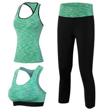Load image into Gallery viewer, New 3pcs Sport Fitness Suit Women Yoga Sets Sleeveless Shirt Leggings Fitness Gym Running Sport Tights Vest Pants Green Yoga set
