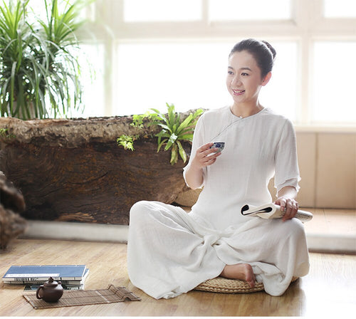 G-LIKE New Design Women Chinese Style Cotton Linen Yoga Sets Modified Type Pure Color Breathable Tang Suits