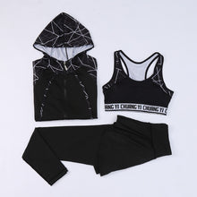 Load image into Gallery viewer, Casual Sexy Running Yoga Clothes Three-piece Female Gym Quick-drying Thin Hooded Fitness Sports Suit Yoga Set  ff
