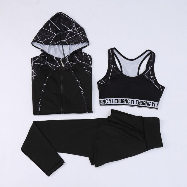 Casual Sexy Running Yoga Clothes Three-piece Female Gym Quick-drying Thin Hooded Fitness Sports Suit Yoga Set  ff