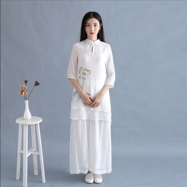 2019 cotton yoga set for tai clothing taiji wushu kungfu clothes original women literary loose retro buckle zen tea clothes