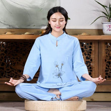 Load image into Gallery viewer, 2019 women yoga suit loose set ladies linen outdoor yoga clothes zen meditation clothing yoga set gym wear embroidery