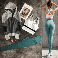 Load image into Gallery viewer, Women 3 piece comfortable yoga sets coat+push up bra+breathable pants slim fitness set sports wear for women gym clothing