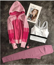 Load image into Gallery viewer, Women 3 piece comfortable yoga sets coat+push up bra+breathable pants slim fitness set sports wear for women gym clothing