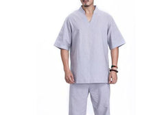 Load image into Gallery viewer, men gray/red top quality Summer short sleeve Cotton&amp;linen Yoga suit gym uniforms lay meditation suits kung fu tai chi clothing