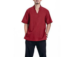 Load image into Gallery viewer, men gray/red top quality Summer short sleeve Cotton&amp;linen Yoga suit gym uniforms lay meditation suits kung fu tai chi clothing