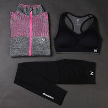 Load image into Gallery viewer, Three-Piece Yoga Set Mesh Plaid Women Sports Top+Sexy Padded Push Up Female Yoga Tank Tops+Solid Black Color Ladies  Pant Suits