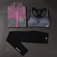 Load image into Gallery viewer, Three-Piece Yoga Set Mesh Plaid Women Sports Top+Sexy Padded Push Up Female Yoga Tank Tops+Solid Black Color Ladies  Pant Suits