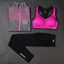 Load image into Gallery viewer, Three-Piece Yoga Set Mesh Plaid Women Sports Top+Sexy Padded Push Up Female Yoga Tank Tops+Solid Black Color Ladies  Pant Suits