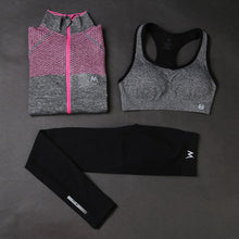 Load image into Gallery viewer, Three-Piece Yoga Set Mesh Plaid Women Sports Top+Sexy Padded Push Up Female Yoga Tank Tops+Solid Black Color Ladies  Pant Suits