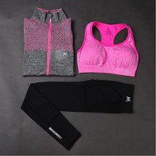 Load image into Gallery viewer, Three-Piece Yoga Set Mesh Plaid Women Sports Top+Sexy Padded Push Up Female Yoga Tank Tops+Solid Black Color Ladies  Pant Suits