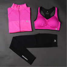 Load image into Gallery viewer, Three-Piece Yoga Set Mesh Plaid Women Sports Top+Sexy Padded Push Up Female Yoga Tank Tops+Solid Black Color Ladies  Pant Suits