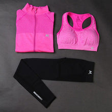 Load image into Gallery viewer, Three-Piece Yoga Set Mesh Plaid Women Sports Top+Sexy Padded Push Up Female Yoga Tank Tops+Solid Black Color Ladies  Pant Suits