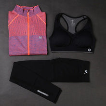 Load image into Gallery viewer, Three-Piece Yoga Set Mesh Plaid Women Sports Top+Sexy Padded Push Up Female Yoga Tank Tops+Solid Black Color Ladies  Pant Suits