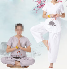 Load image into Gallery viewer, top quality cotton&amp;linen Summer&amp;Spring female Printed yoga suits lay clothing women Meditation uniforms gray/white