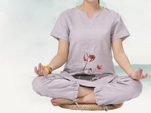 Load image into Gallery viewer, top quality cotton&amp;linen Summer&amp;Spring female Printed yoga suits lay clothing women Meditation uniforms gray/white