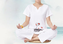 Load image into Gallery viewer, top quality cotton&amp;linen Summer&amp;Spring female Printed yoga suits lay clothing women Meditation uniforms gray/white
