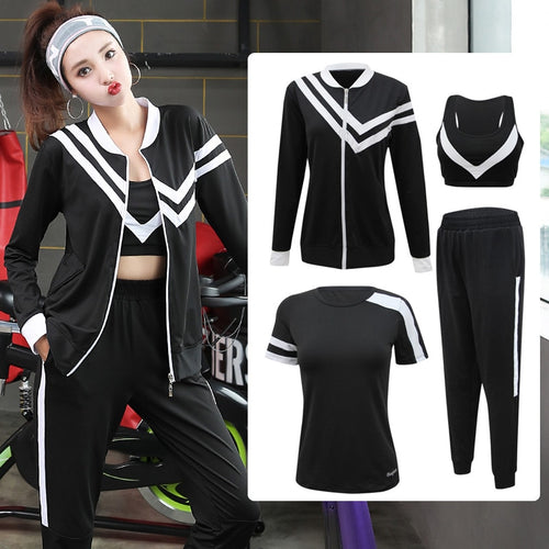4pcs Women Sport Suit Tracksuit Yoga Set Zipper Jacket+T-Shirt+Bra+Pants Gym Suit Workout Clothes Fitness Sportwear For Women