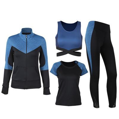 Four Pieces Women Yoga Set Lake Bule and Black S-XL Sportswear Running Dancing Gym Suit Shirt+Bra+T-shirt+Leggings