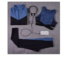 Load image into Gallery viewer, Four Pieces Women Yoga Set Lake Bule and Black S-XL Sportswear Running Dancing Gym Suit Shirt+Bra+T-shirt+Leggings