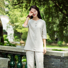 Load image into Gallery viewer, Woman Set Large Size Yoga Suit Tracksuit Solid Linen Zen Meditation Clothing M-XXL